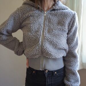 H&M cropped teddy zip up hoodie